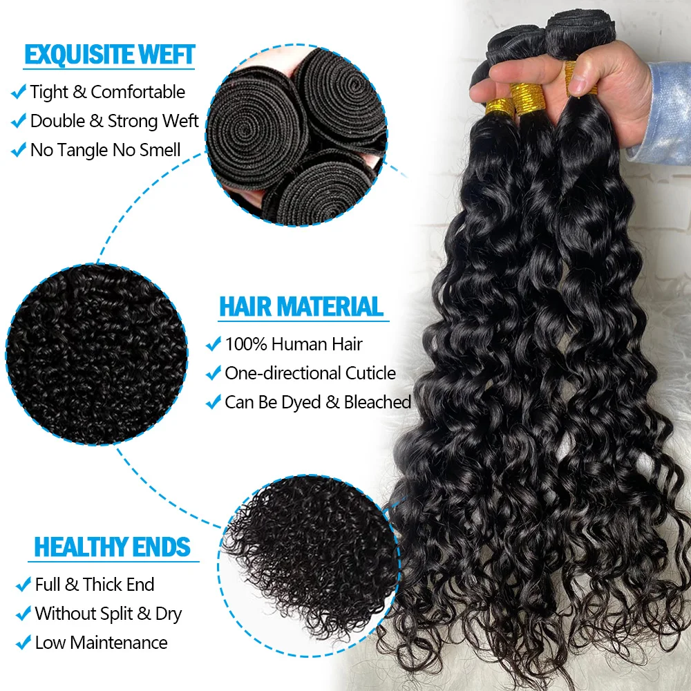 

Brazilian Water Wave 3/4Bundles With 4x4 Closure 100% Human Hair Bundles With Lace Closure 12A Grade Virgin Hair Weave Extension