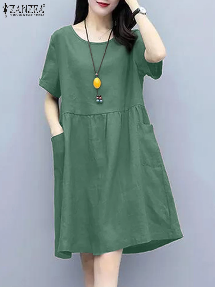 

ZANZEA 2023 Summer Dress Women Casual Baggy Sundress Vintage O Neck Short Sleeve Dresses Cotton Robe Holiday Vestidos Oversize