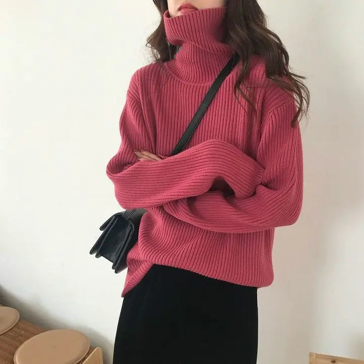

Autumn Winter High Neck Pullovers Knitting Casual Long Sleeve Vertical Striped Elasticity Bottoming Tops Women's Sweater T331