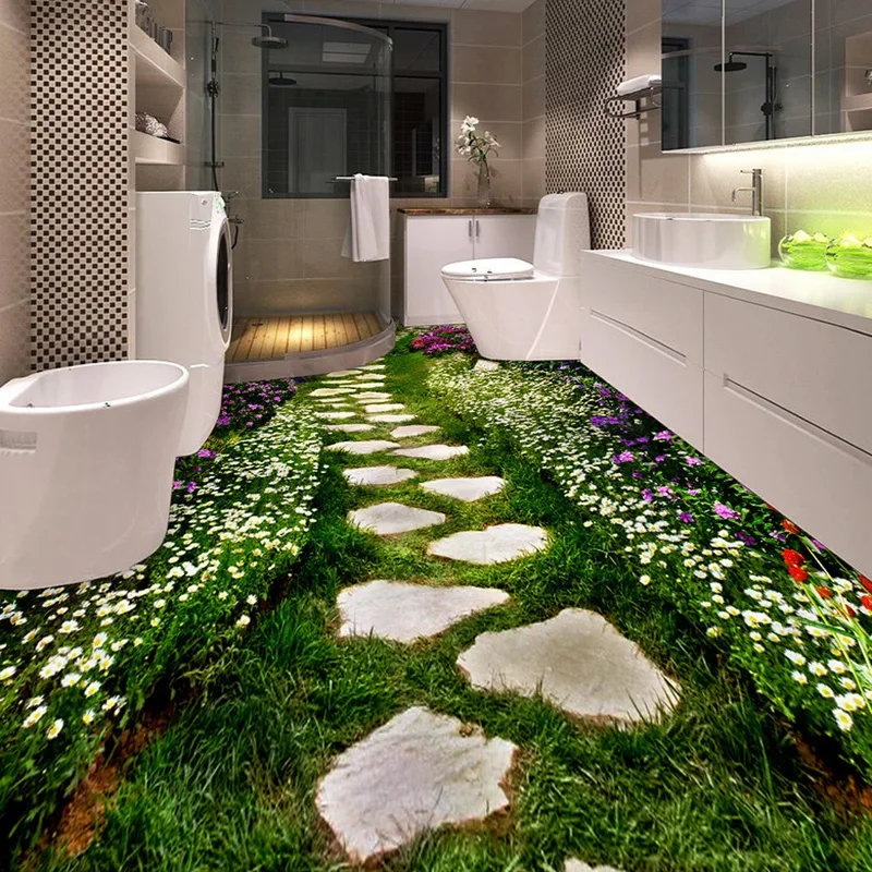 Papel de Parede Auto-adesivo de Pvc Personalizado Adesivo de Flor 3d Pequenos Banheiros de Estrada Pintura de Papel de Parede Mural de Banheiro