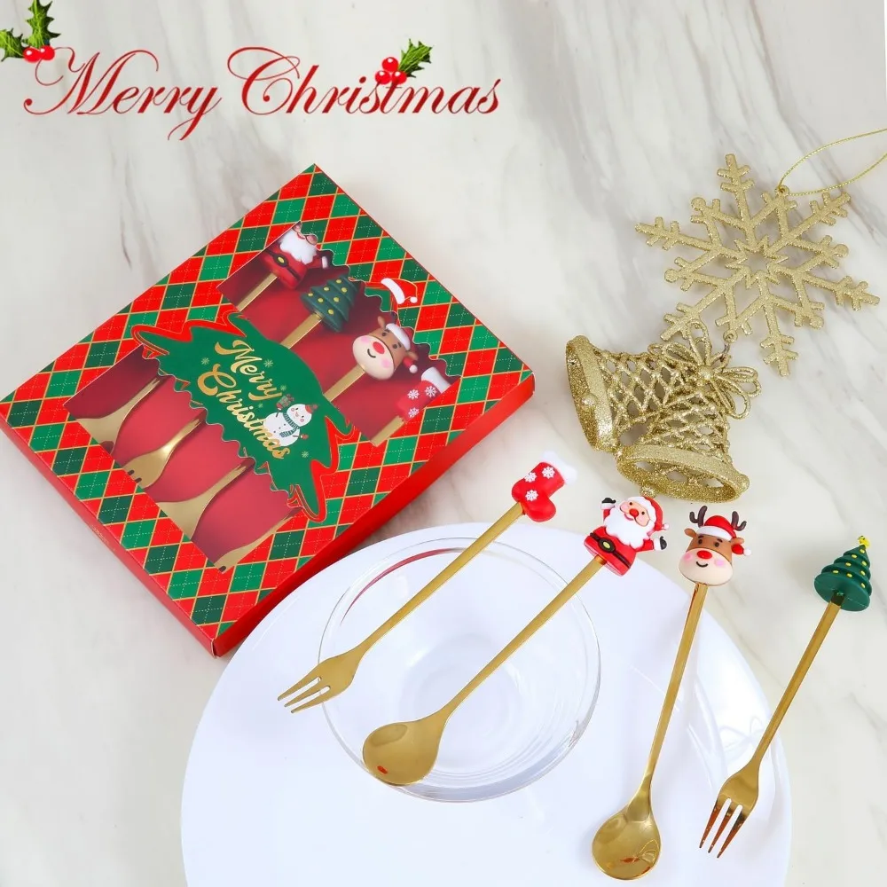 4PCS Santa Claus Spoon Fork Set Creative Christmas Theme Dessert Coffee Fruit Fork Spoons Tableware New Year Party Decor Gifts picnic cutlery set,western style cutlery set,camping cutlery set,stainless steel cutlery set,cutlery set,wooden cutlery set