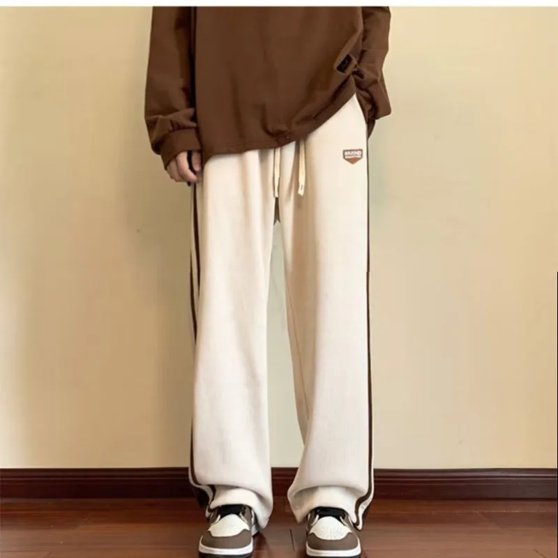 American Style Autumn Casual Pants Men's Corduroy Elastic Waist Drawstring Pocket Striped High Street Loose Straight Trousers