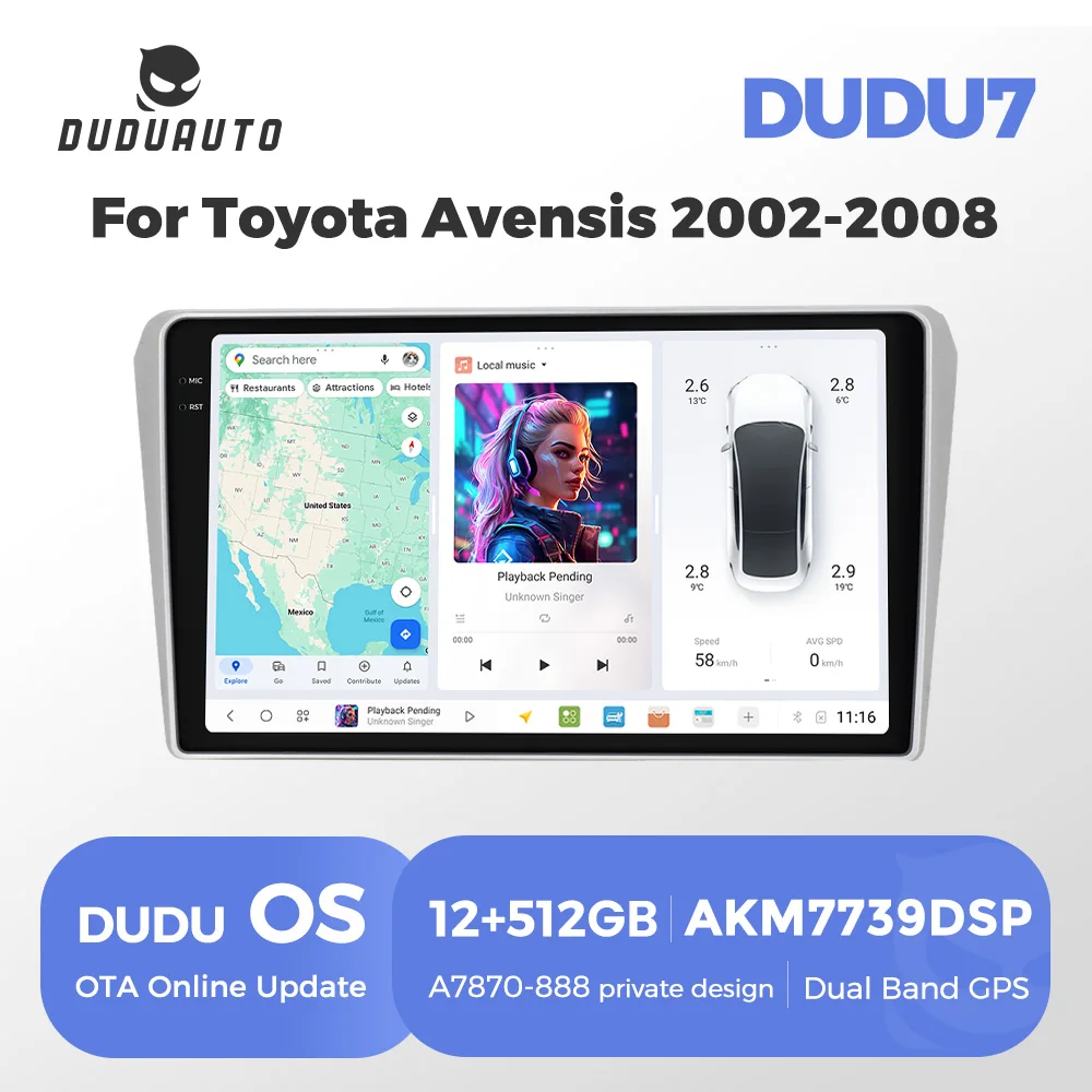 DUDUAUTO DUDU7 Autoradio A7870 Carplay Auto für Toyota Avensis T5 2002–2008 Android 13, GPS-Navigation, DSP, Multimedia-Kopfeinheit
