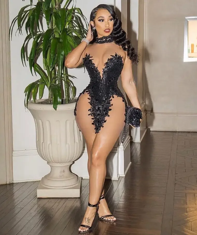 Customsized Delicate Black Stretch Mini Evening Cocktail Dress For Women Crystals Lace Sheer Mesh Birthday Queen Gown