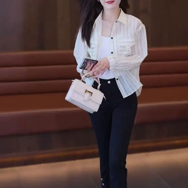 Commute Striped All-match Shirt Spring Summer Long Sleeve Women's Clothing Pockets Spliced Single-breasted Casual Lapel Blouse