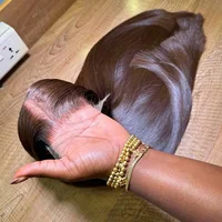 Perruques Lace Front HD 13x4 en cheveux humains brésiliens, couleur marron chocolat, 34 pouces, lisses comme des baguettes, avec dentelle transparente 13x4, pour femmes 1