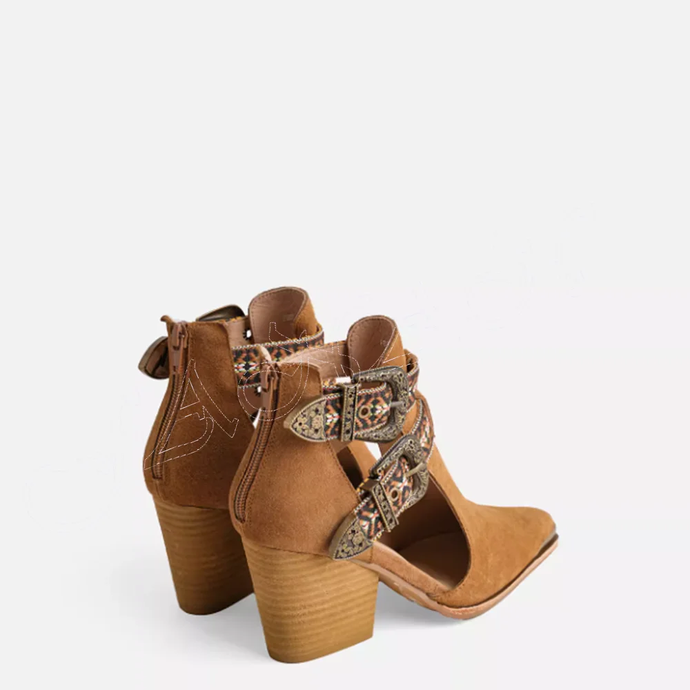 

Brown Hollow Buckle Decor Boots Side Zipper Belt Chunky High Heel Shoes for Women Pointed Toe Shoes 2023 Zapatos Para Mujere