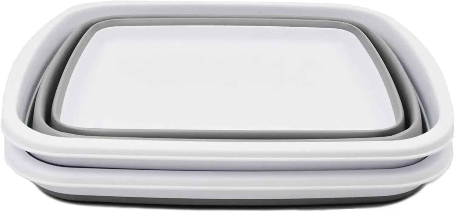 10L (2.6 Gallons) Collapsible Tub - Foldable Dish Tub - Portable Washing Basin - Space Saving Plastic Washtub (White/Grey, 2)