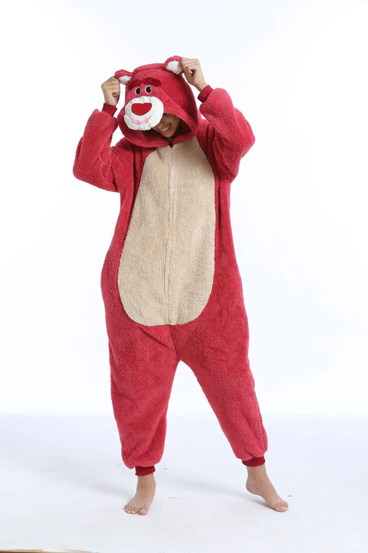 thumbnail image 2 of Women's Strawberry Bear Plush Jumpsuit Pajamas - Adult Cosplay Costume, Soft Velvet, Halloween & Sleepwear 2 of 11