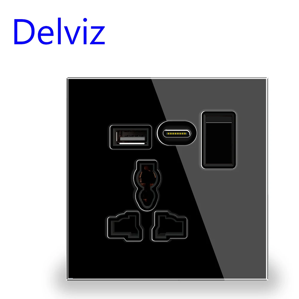 Delviz Universal USB Socket, 2A Dual USB Charger Port,Switch control,Crystal Glass Panel, Electric plug Wall Type c Power Socket