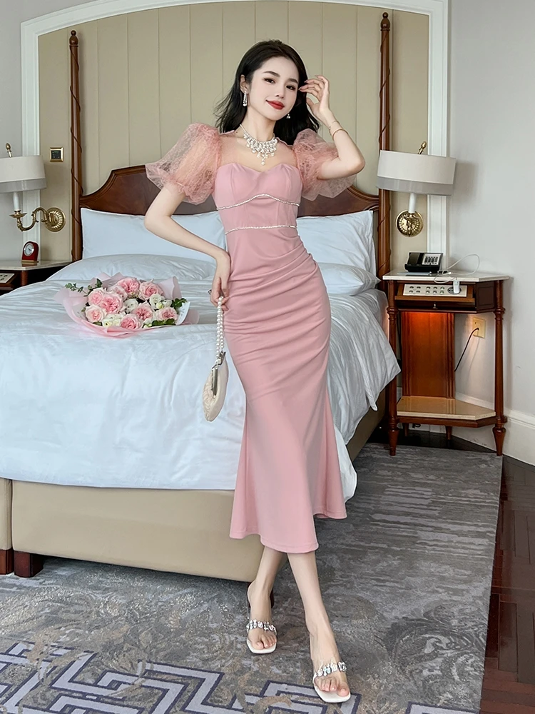 

Pink French Skirt Fairy Super Immortal Bubble Sleeves Temperament Wrapped Waist Light Luxury Gentle Style Fish Tail Dress