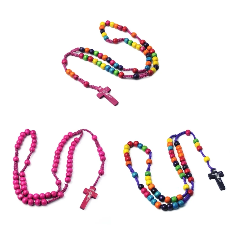 

H7EA Colorful Beads Rosary Necklaces Catholic Necklaces Religious Meditation