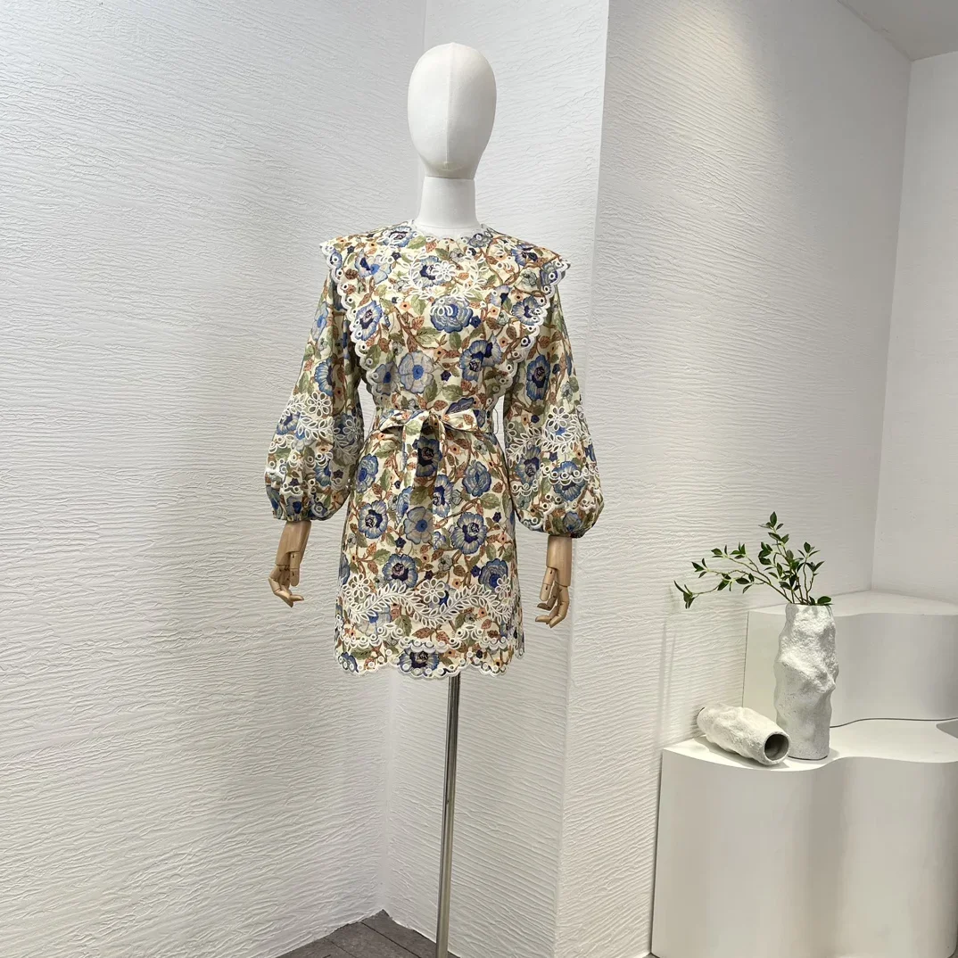 

Женское платье-мини из чистого льна, белое ажурное платье с длинным рукавом-фонариком и зеленым цветочным принтом