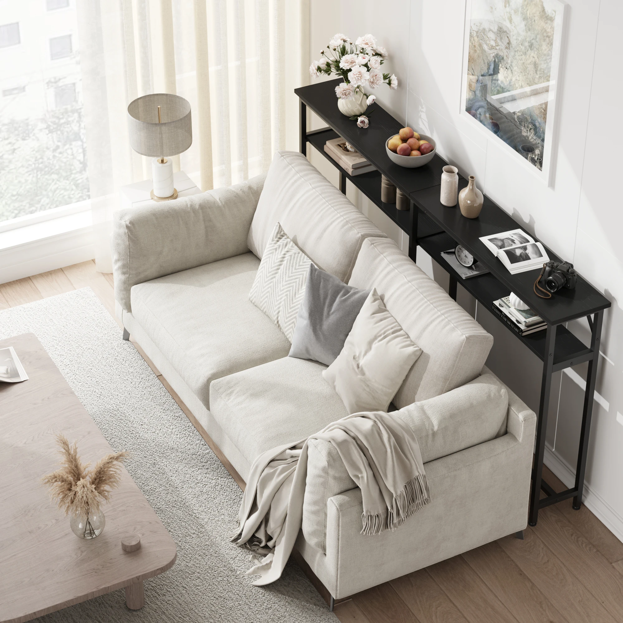 Sofatische, schmal, lang, 2-stufiger grauer Konsolentisch mit Stauraum, 70,8 Zoll hinter dem Couch, Tisch für Eingangsbereich, Flur – Detail 12