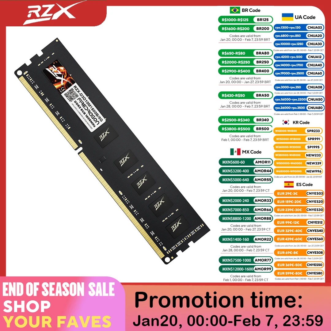 Memoria RAM DDR3 RZX de 8 GB, 4 GB, 1,5 V, 240 pines, 1600 MHz, PC3 ...