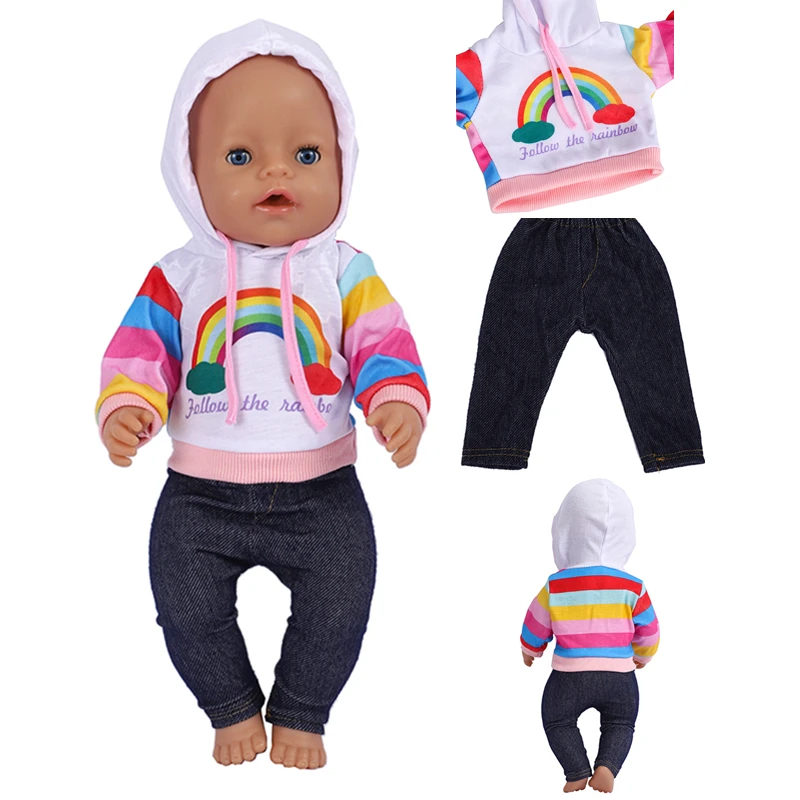 17 Inch Doll Clothes Rainbow Hoodies+Trousers Fashion Suit Baby New Born 43 cm Dolls Outfit Children Festival Birthday Gift children pu leather belts boys girls kid waist strap waistband metal buckle for jeans pants trousers dress adjustable belt