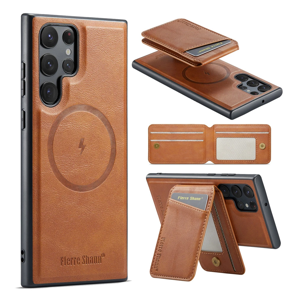 Leather Magnetic Phone Case with Card Holder and Stand Feature