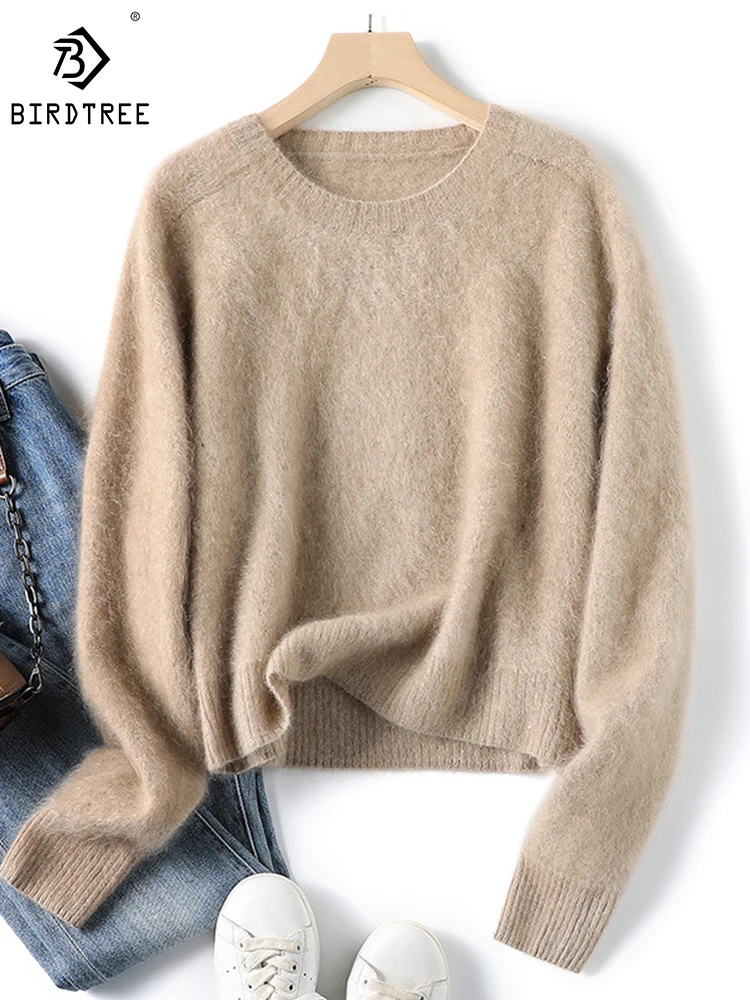 

Birdtree 100%Cashmere Crewneck Long Plush Sweater Versatile Raglan Sleeves Long Sleeves Round Neck Casual Brushed Top T38708QD