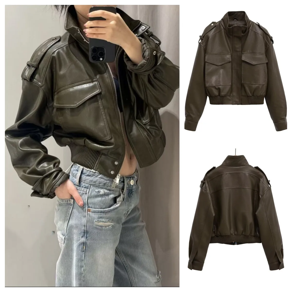 ETJ 2025 Women's new collection: Stand-up collar motorcycle short jacket Y2K large pocket faux leather shiny leather jacket