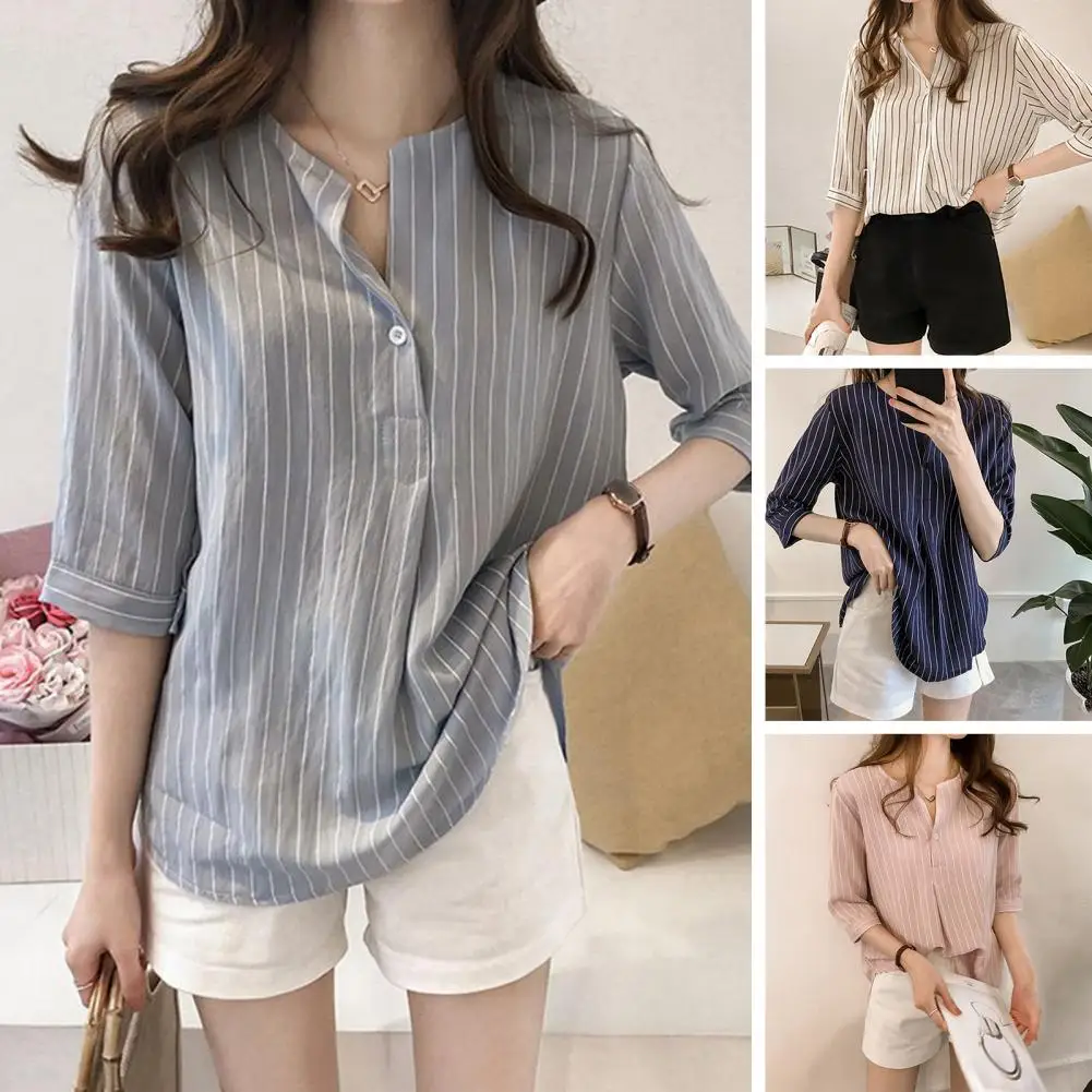 

Women Shirt Striped Print Blouse 3/4 Sleeves Workwear V Neck Women Top Elegant Summer Women Working Clothes Streetwear