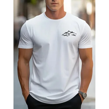 T-shirt estiva da uomo, casual, sportiva, ampia e comoda, con stampa di montagne sul collo.