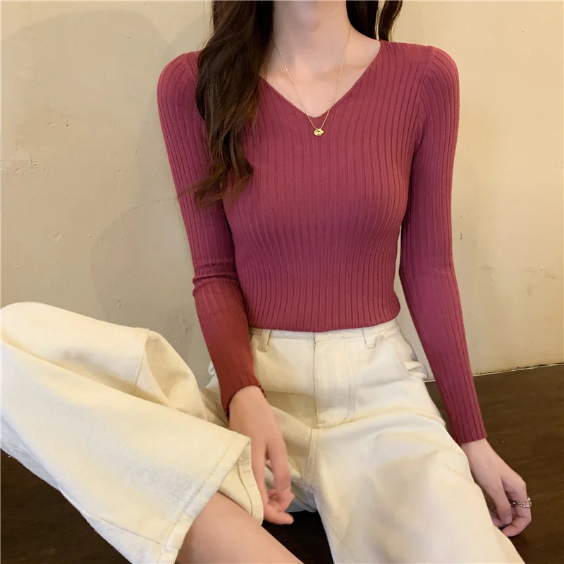 yellow sweater Basic V-Neck Sweater Women Spring Autumn Style All-Match Slim Soft Cotton Sweaters Pullovers Korean Long Sleeved Sweater Ladies white sweater Sweaters