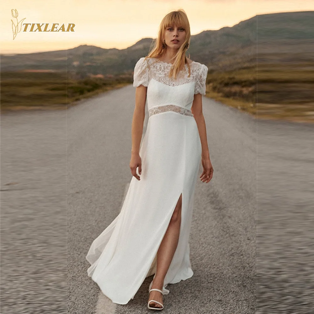 

TIXLEAR Modern Lace Wedding Dress Split Side Short Sleeves Backless Floor Length A-Line Bridal Gown Button Vestidos De Novia New