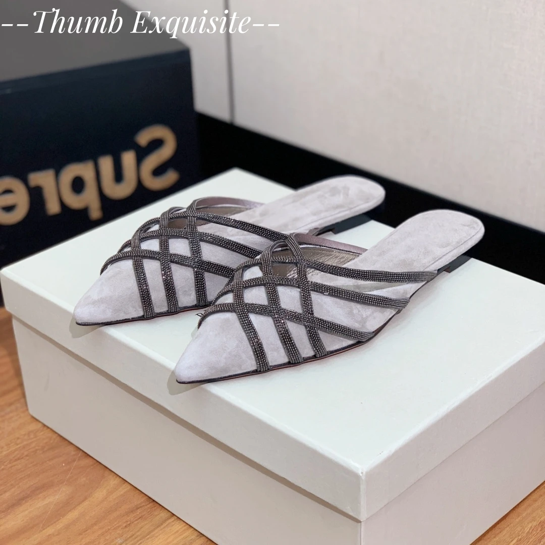 Women's flat shoes children's suede party shoes  summer chain beaded pointed slippers  casual and comfortable Mueller shoes
