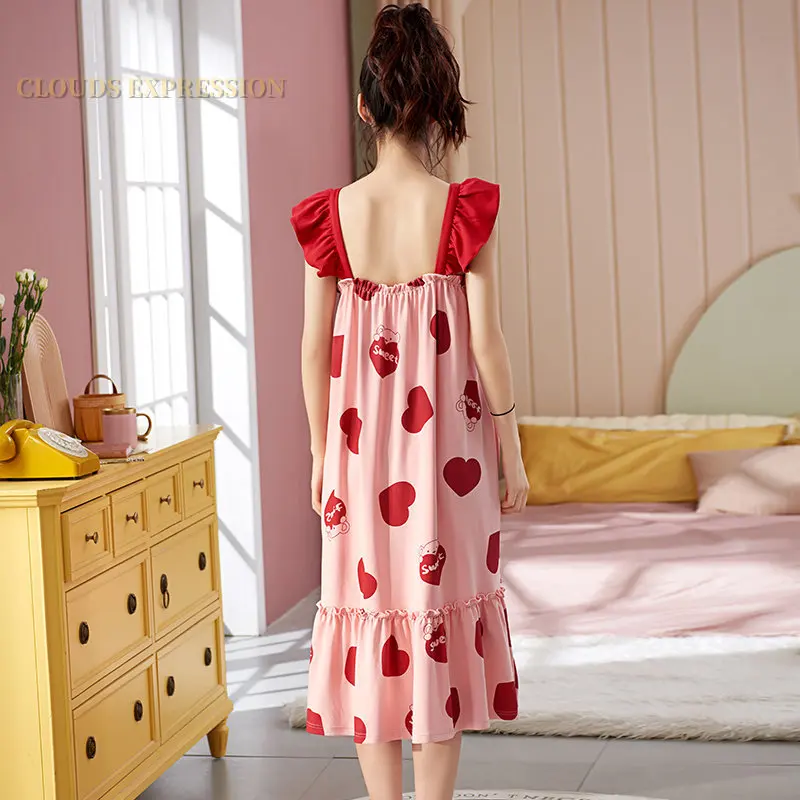 Summer M-3XL Knitted Cotton Night Dress Cartoon Print Womens Nightgowns Sleepshirts Girls Nightgowns Kawaii Homewear Nightdress
