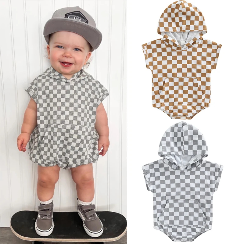 

0-3Y Summer Newborn Infant Baby Boys Causal Rompers Checkerboard Print Short Sleeve Hooded Sweatshirts Jumpsuits Clothing