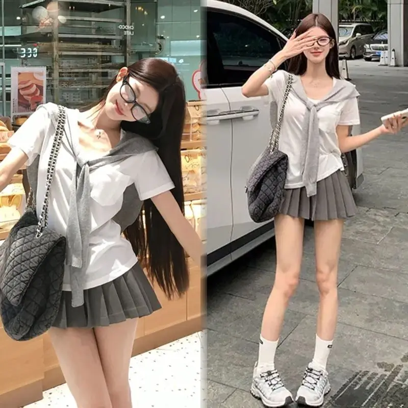 Japan Three-Piece Shawl T-Shirt Skirt For Women Summer 2024 Elegant Slim Everyday Casual Japanese Style Suit