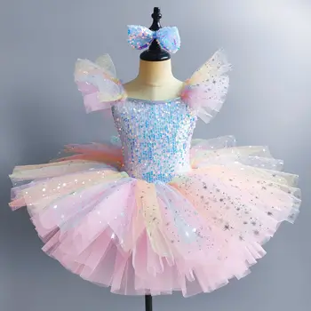 Kids Tutu Skirts Leotard Sequined Modern Dance Tutu Dress Girls Jazz Dance Costume Rainbow Color Children Wedding Princess Dress