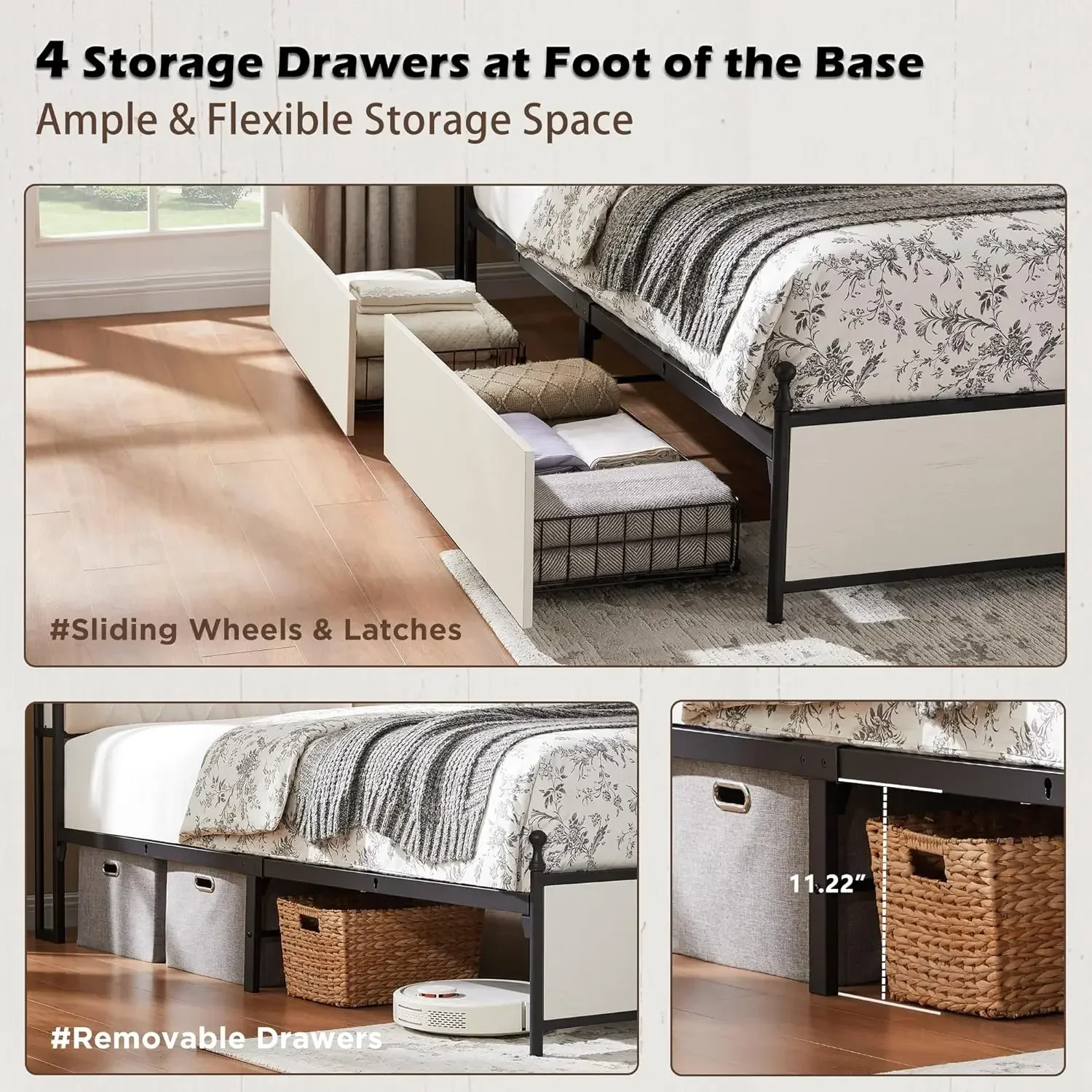 King Size Bed Frame with Upholstered Headboard, Modern Farmhouse Wood Metal Platform Bed with Storage Drawers,Antique White 5
