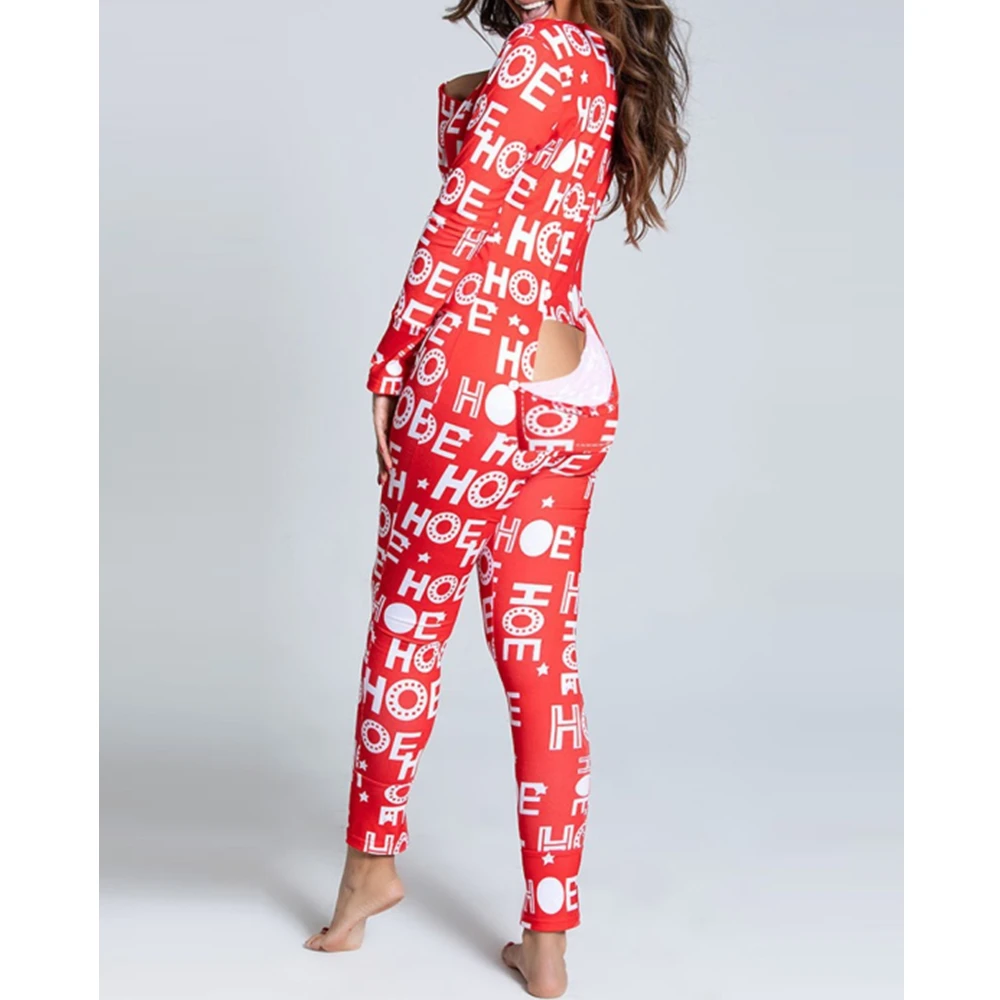 Women Jumpsuit Christmas Onesies Print Outfit Button-down Front Back Butt Bum Open Ass Flap kigurumi pajamas onesies cosplay pajamas onesies women bodysuit sleep wear set women suspender pajamas flannel pajamas onesies