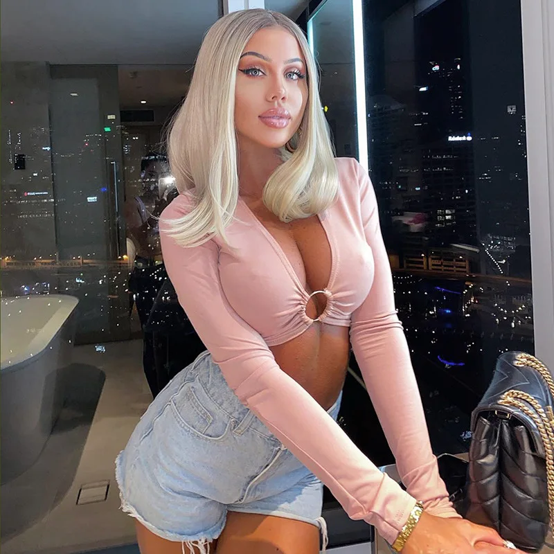 Spring and Summer New Y2k V Neck Collar Sexy Ring Hollow Women's Solid Color Top Fashion Long-sleeved Short T-shirt for Women