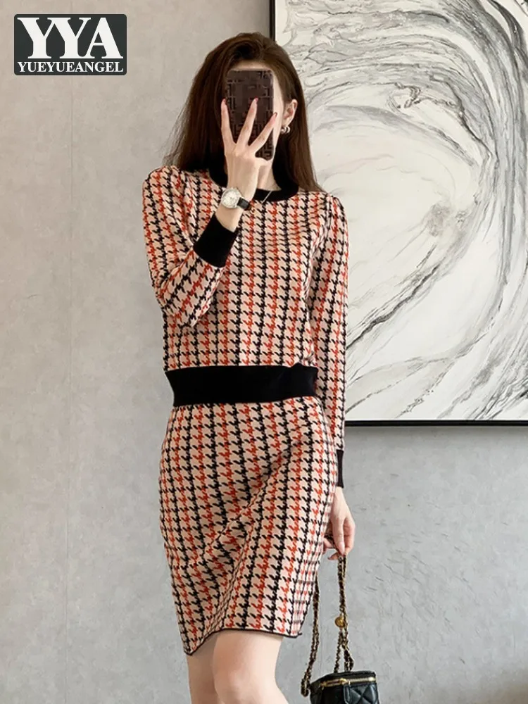 

Spring Women Sweater Tops Short Wrap Skirt Two Piece Set Office Ladies Slim Fit Knitwear Matching Sets Vintage Plaid Outfits