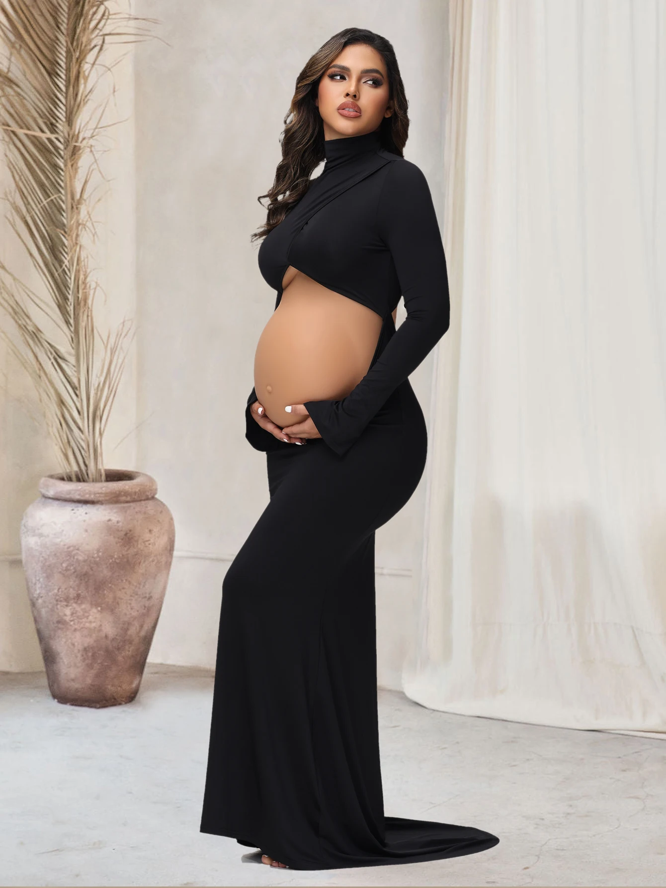 Pregnancy Dress Photography Props Maxi Gown Turtleneck Full Sleeve Cut Out Belly Bodycon Maternity PhotoShoot For Baby Shower 8 S79a96538fcfd4ef4ad396bc3d554a911u