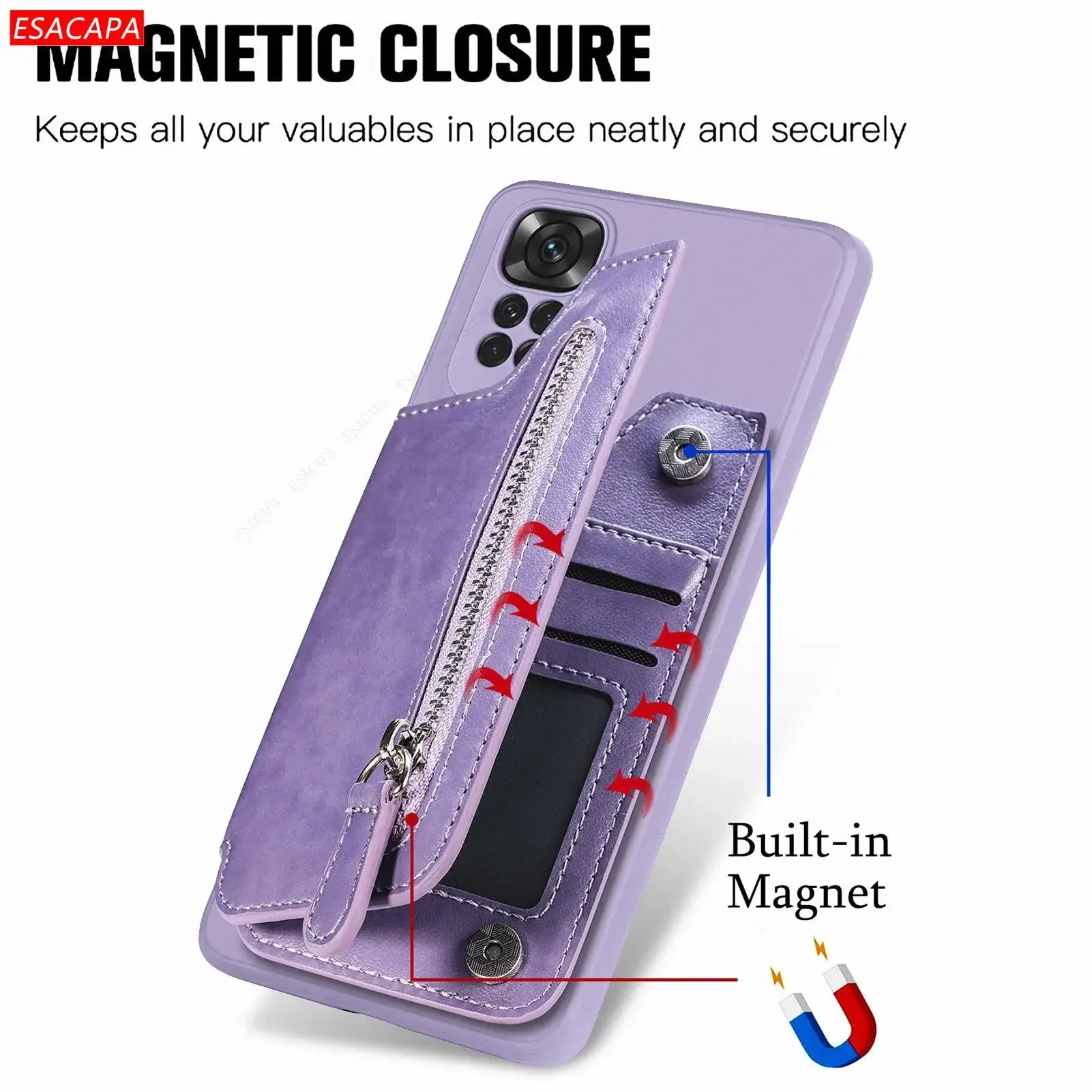 Leather Zipper Wallet Phone Case with Card Holder