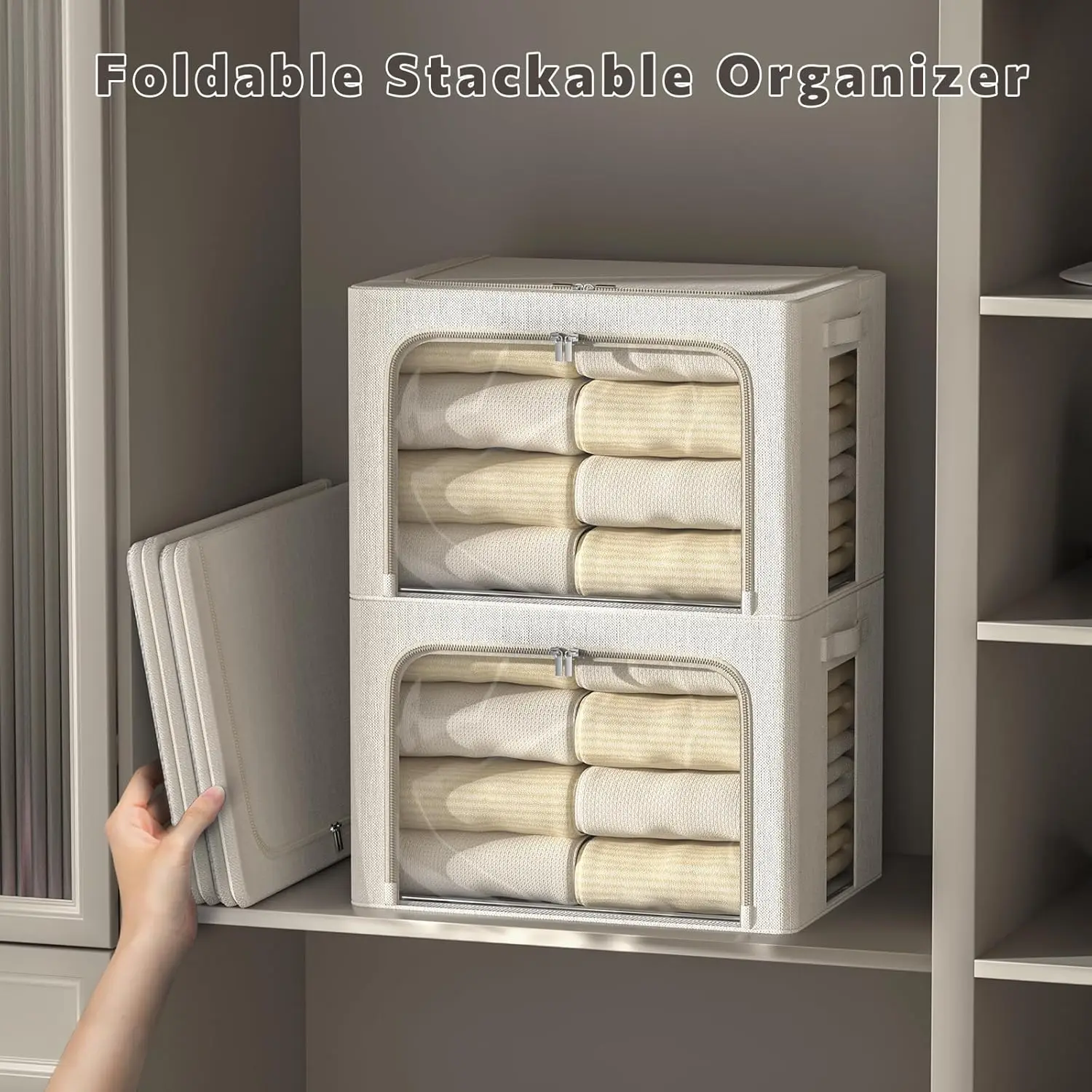 6 Pack Clothes Storage Bins with Metal Frame Foldable Storage Bins for Clothes Linen Fabric Storage Box with Clear Window (Lvory 3