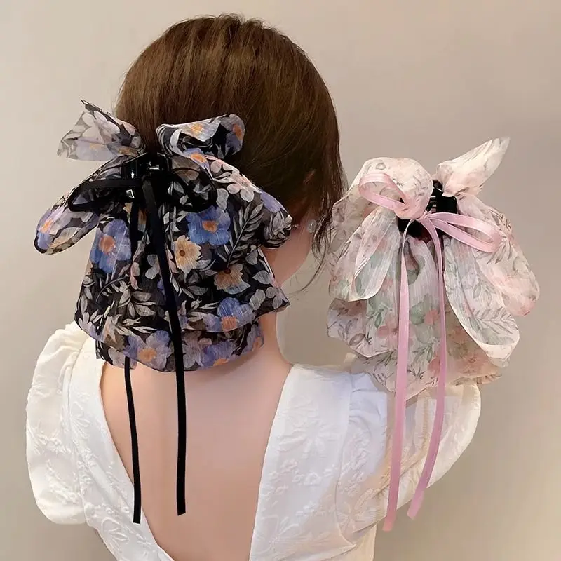 

French Elegant Floral Chiffon Bow Grab Hair Clip Hair Claw Clips for Women Bowknot Hair Clamp Hairpin Headdress