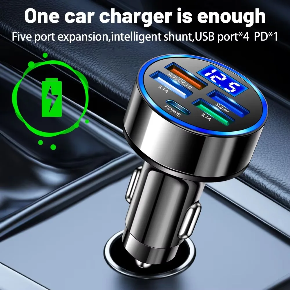 Multi Ports USB C Car Charger Fast Charging Phone Adapter in Car with Voltage Display For iPhone Samsung Huawei Android Phone 6