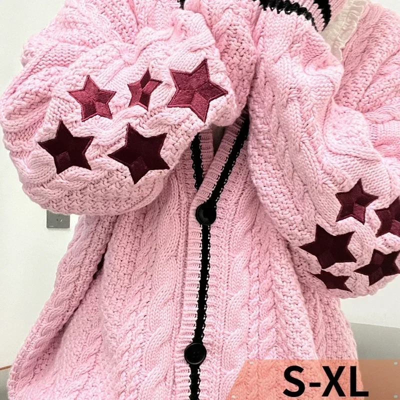 S-3XL 여성용 니트 핑크 가디건, 긴팔 면, 수제 하트 연인 자수, 따뜻한 루즈핏 가디건, 니트웨어 상의, 가을