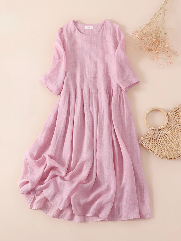 

Summer Dresses Woman 2023 Retro Loose Cotton Linen Solid Color Mid-length High Short-sleeved Dress Elegant Casual Women Robe