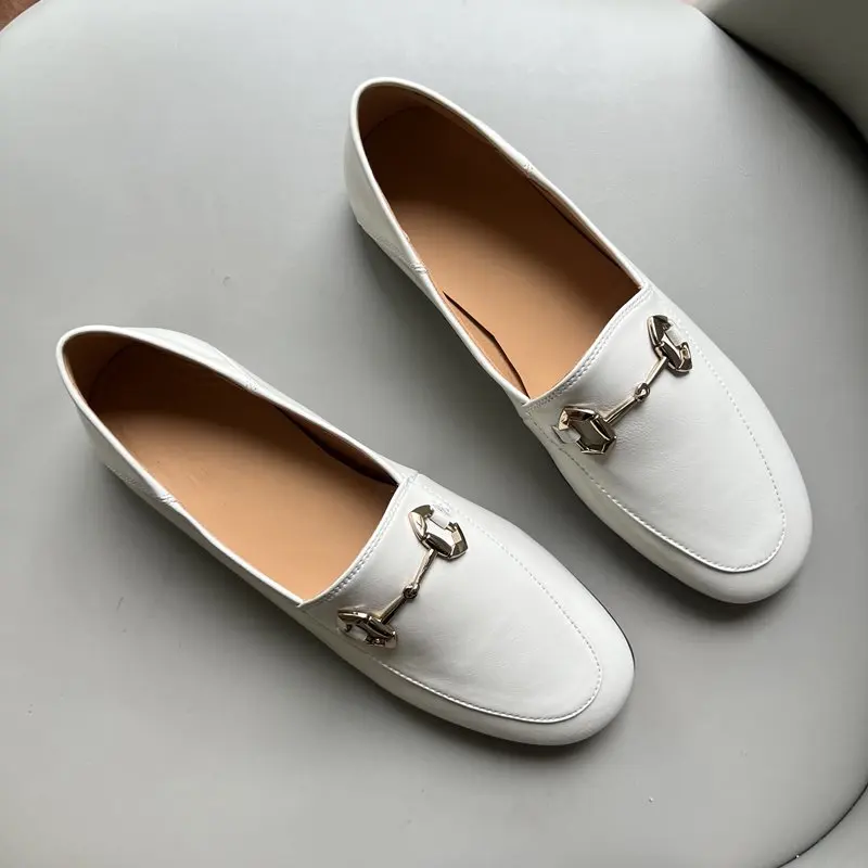 Big Size 34-44 New Genuine Leather Loafers Women Flats Slip On Metal Buckle Women's Flats Fashion Brand Flat Shoes Lady Footwear