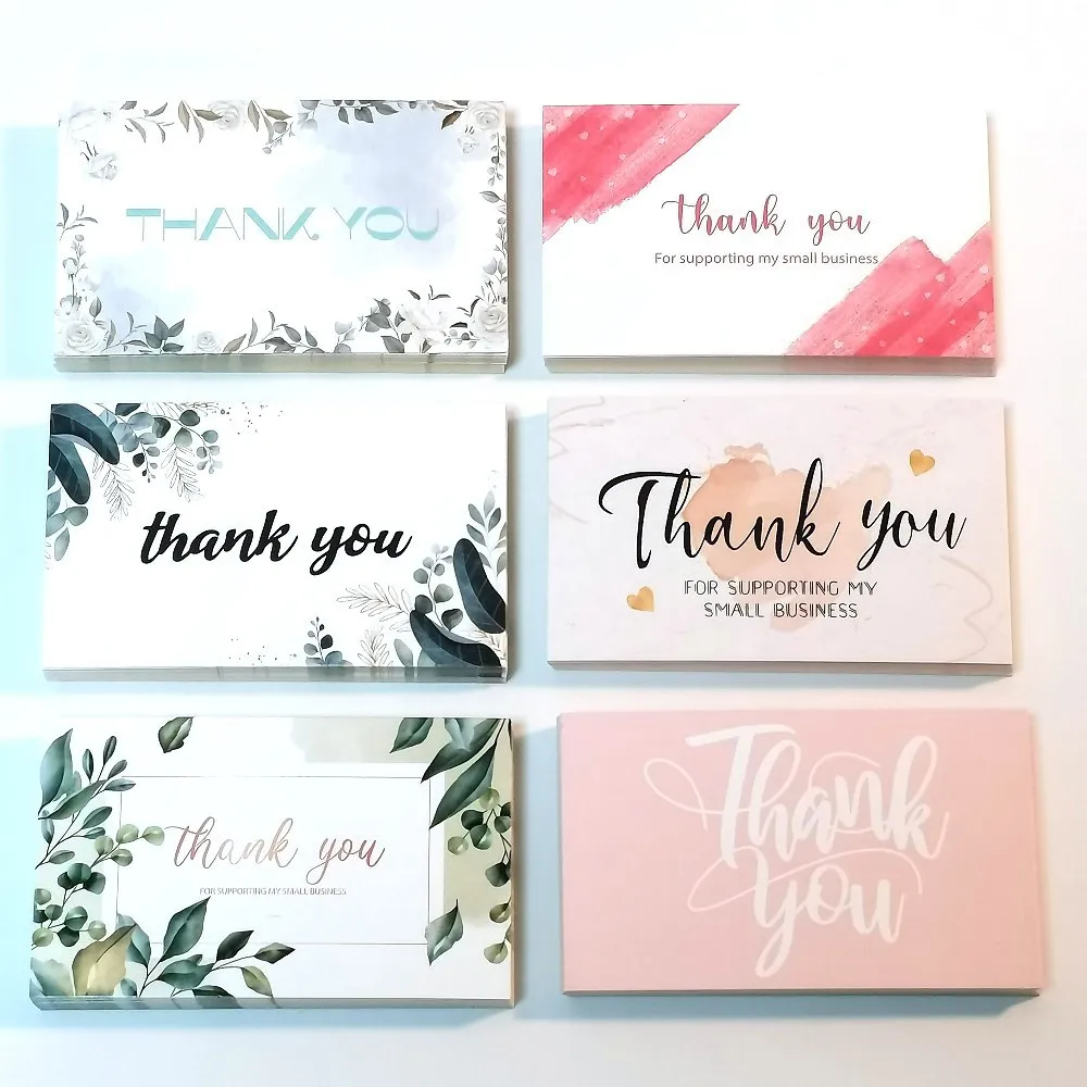 30Pcs Pink Green Leaf Thank You For Supporting My Small Bussiness Greeting Cards For Gift Box Packaging Supplies Wholesale