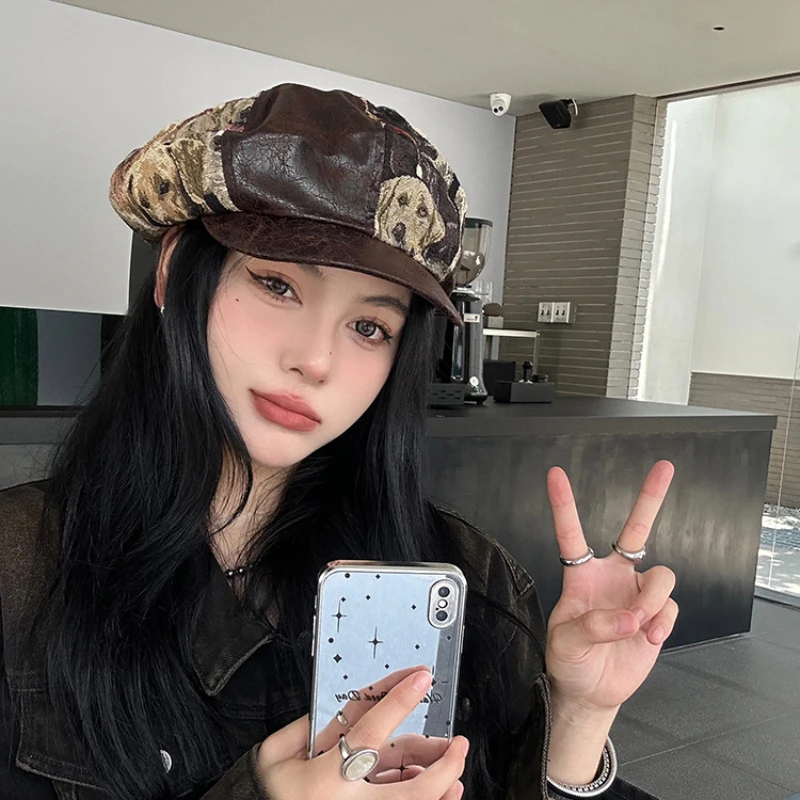 

Autumn and Winter Loose Cloud Berets for Women Korean Fashion Cat Jacquard Painter Cap Showing Face Small Retro Octagonal Hats