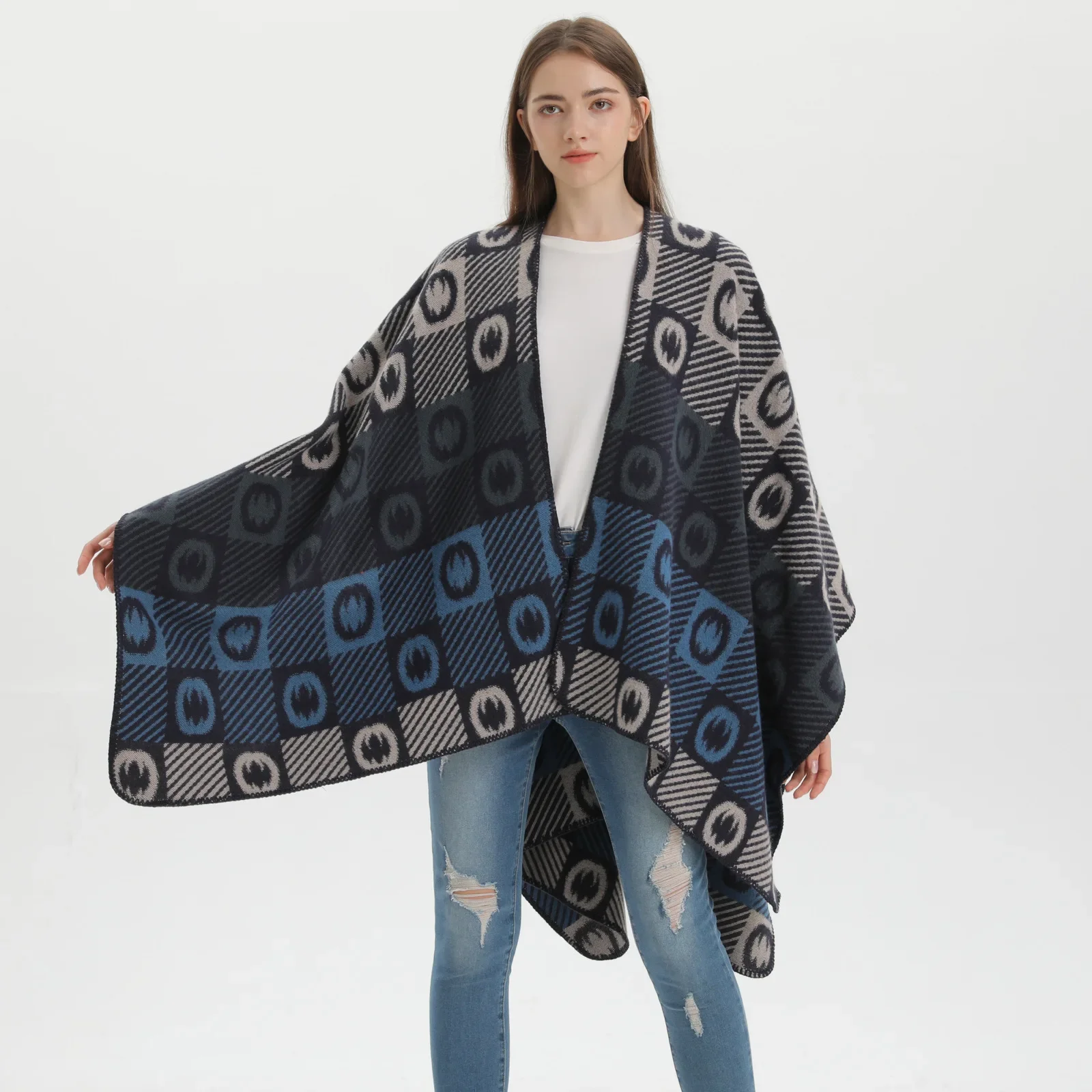 Vintage Split Shawl Women Fashion New Multi Color Geometric Print Imitation Cashmere Warm Scarf Capes Feminina