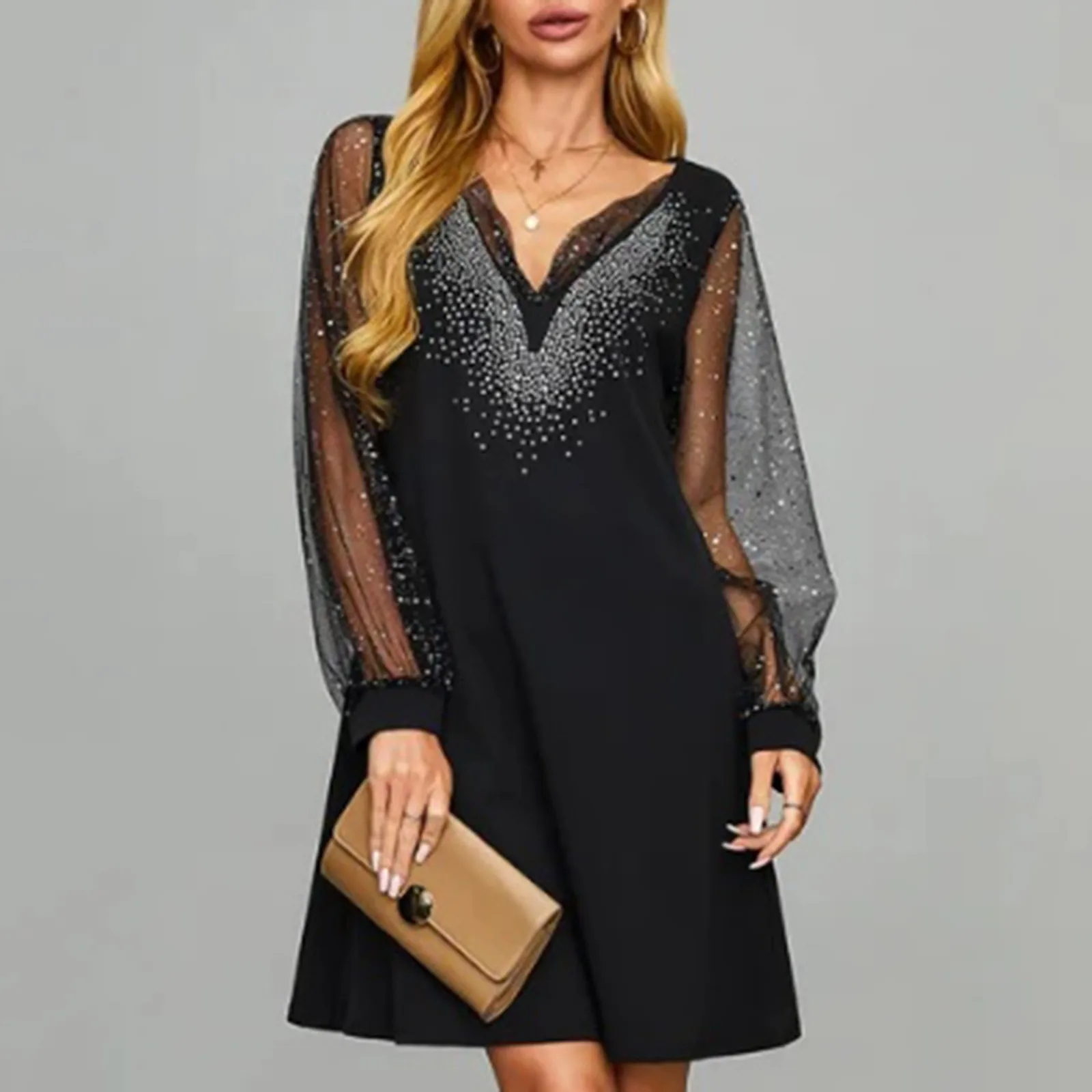 

2024 Fashion Elegant Sexy Bag Hip Midi Casual Dress Women Black Retro Gazue Sequins Lace Long Sleeved Female Party Dresses