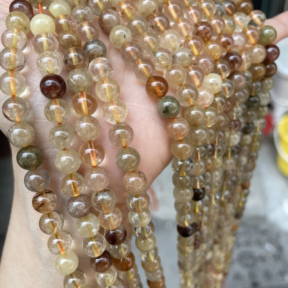 Natural Gold Rutilated Quartz Crystals Stone Round Loose Spacer Beads For Jewelry Making DIY Bracelets 6 8 10 mm Wholesale