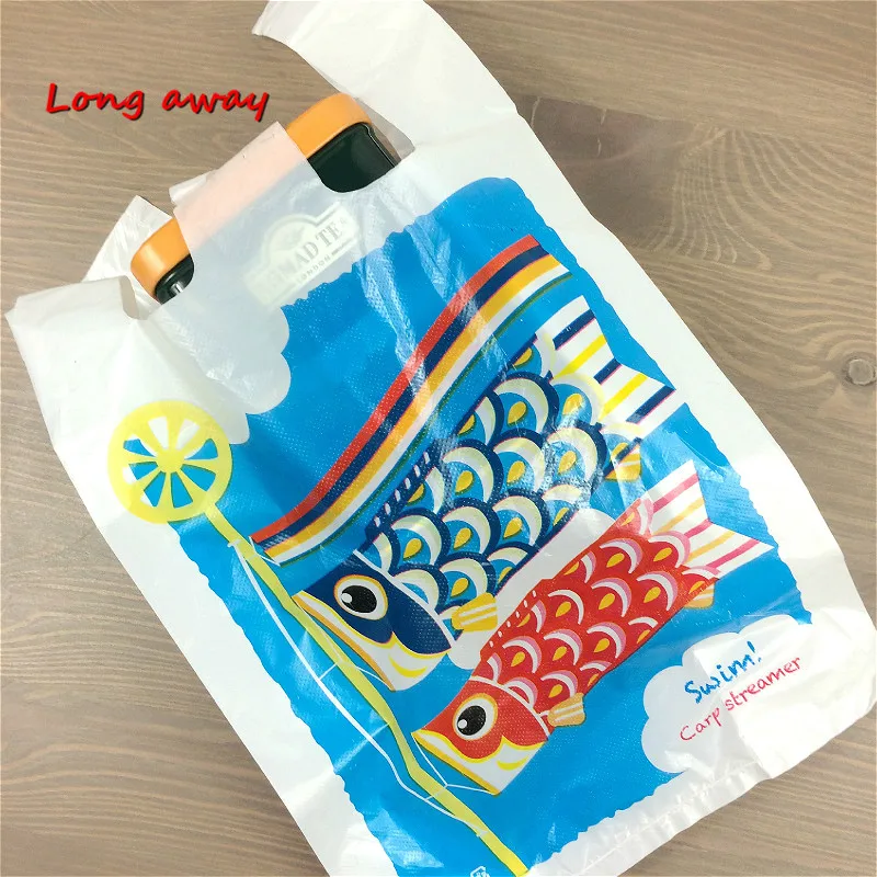 

Thick Plastic Shopping Bag 100Pcs Carp Flag Fish Animal Shopping Bag Supermarket Plastic Bags With Handle Food Packaging